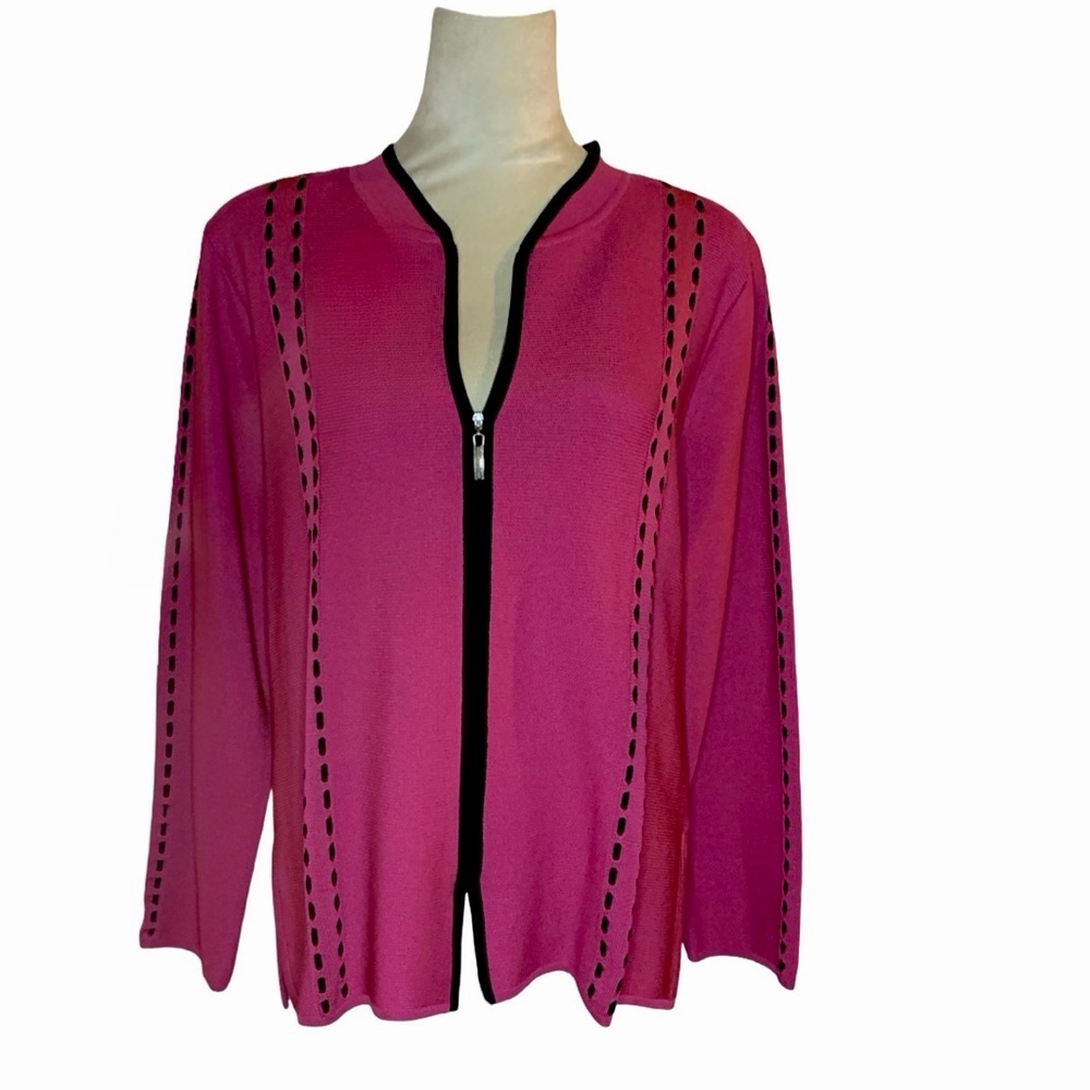 Misook Fuchsia Pink Zip Front Knit Jacket with Black Trim